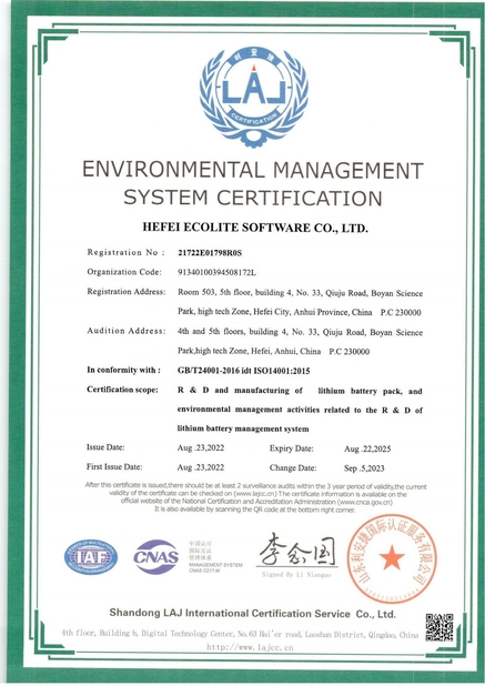 중국 HEFEI ECOLITE ENERGY CO., LTD. 인증